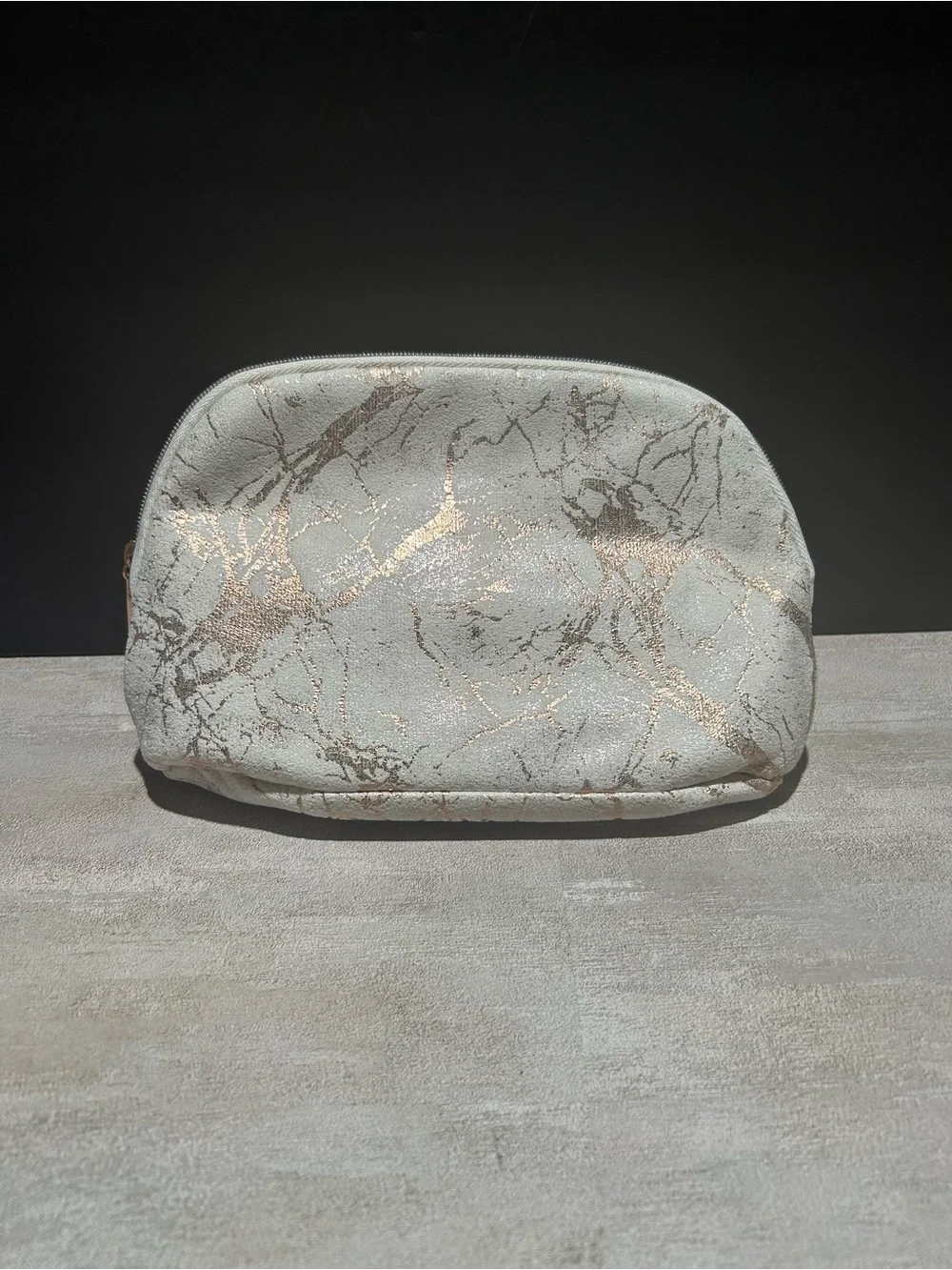 Metallic Marble-Print Cosmetic Pouch - White and Rose Gold